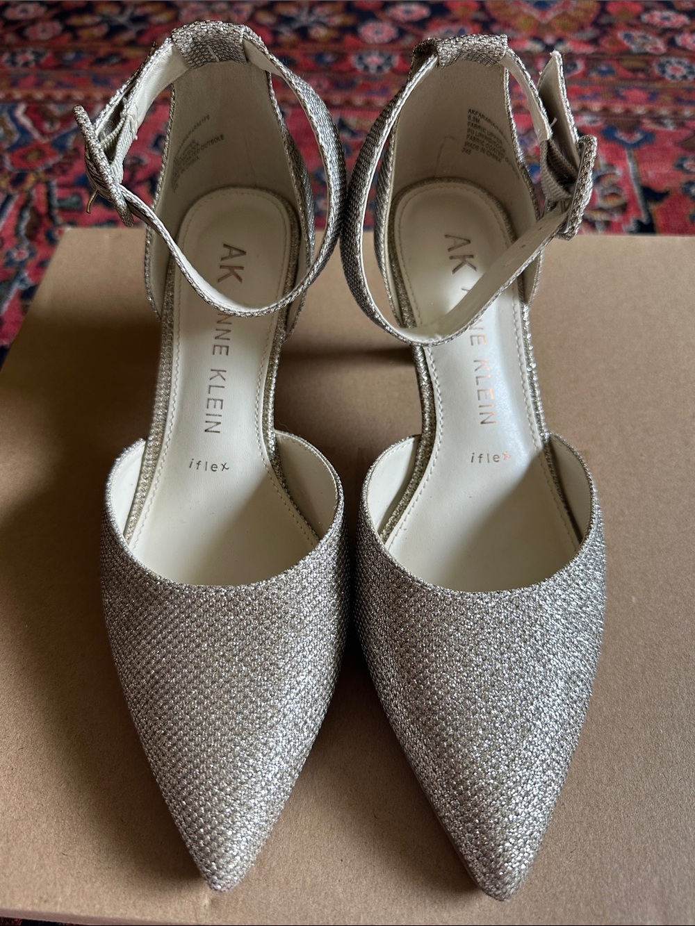 Anne Klein Champagne Glitter Pointed-Toe Ankle-Strap Pumps